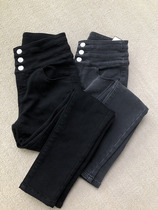21 winter three-grain buckle high waist jeans warm and velvety black grey thickened with thin underfoot long pants woman