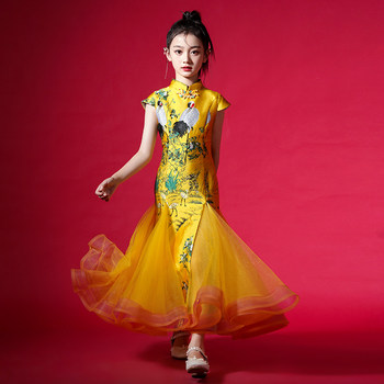 Girls' Chinese-Style Dress for Fashion Show, Trendy Clothing, Chinese-Style Recital Performance Outfit, Girl Host's Guzheng Performance Costume