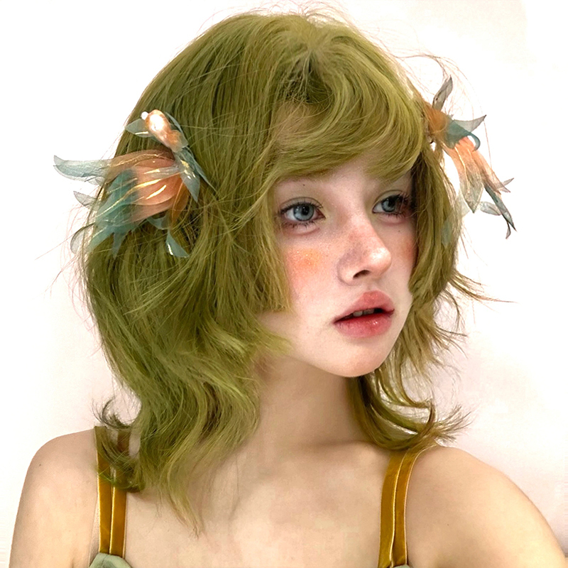 Green Wig Short Curly Hair Two-Dimensional Colorful Female Full Wig Lolita Subculture Wool Curls Egg Rolls