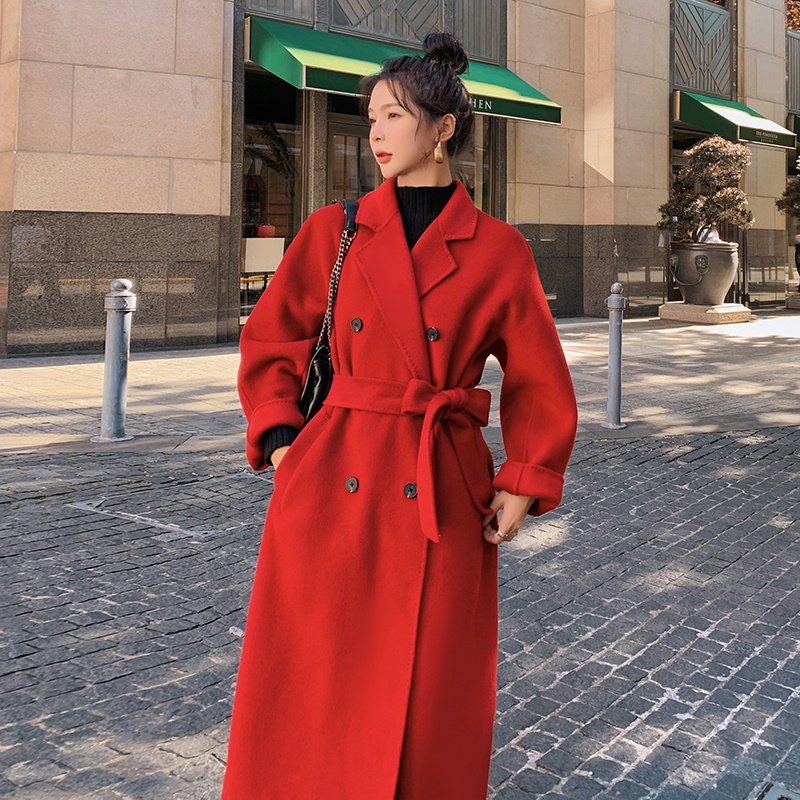 Red double-sided cashmere coat female wedding long version 2021 new winter high-end wool double-sided jacket