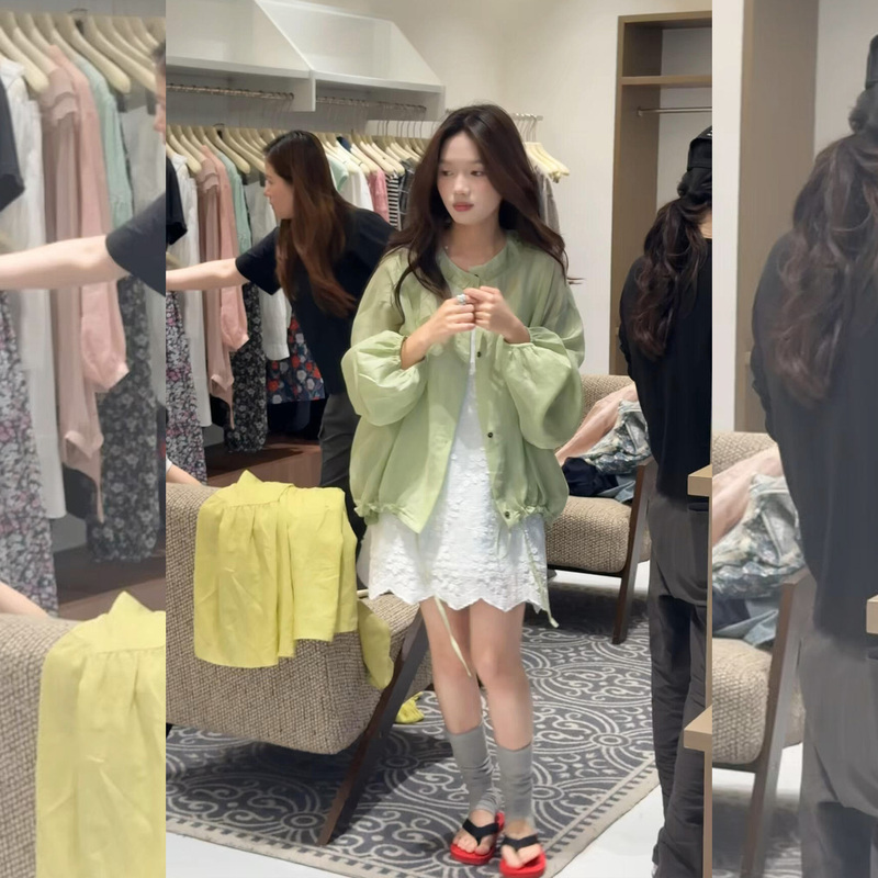 A Very Stylish Set of Relaxed Outfits for Petite People, Including a Green Sun-Protective Jacket, Cardigan, and Layered Slip Dress Set A Very Stylish Set of Relaxed Outfits for Petite People, Including a Green Sun-Protective Jacket, Cardigan, and Layered Slip Dress Set