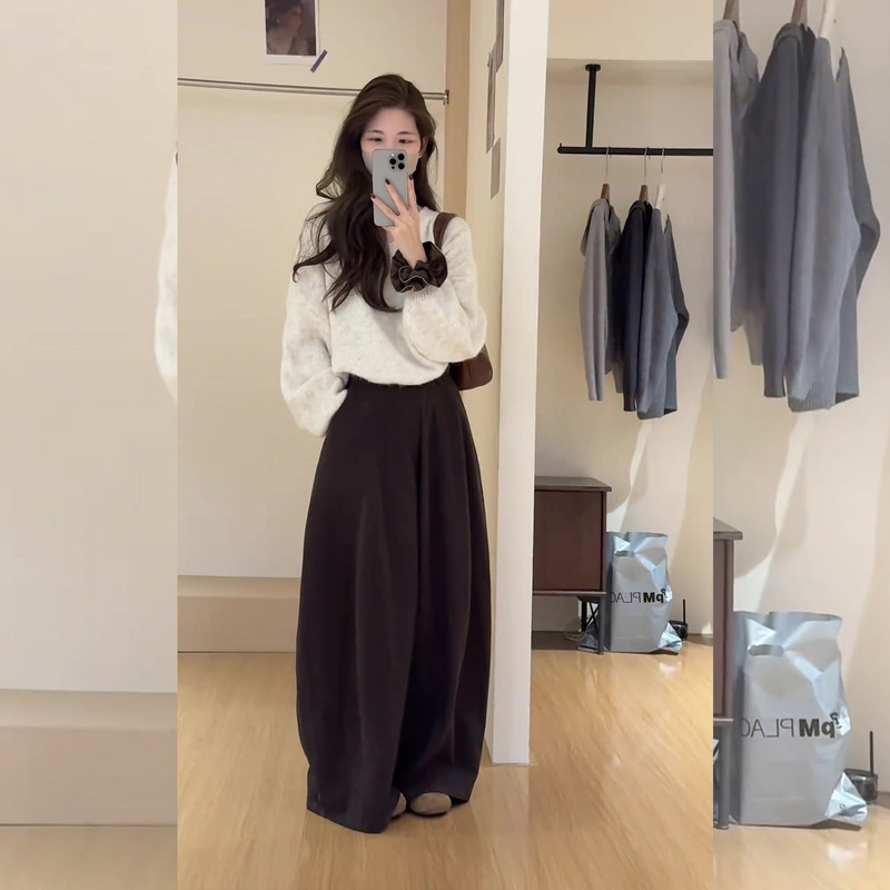 Stunning Early Autumn Korean-Style Outfits with a High-End Feel: Melard Knit Sweater, High-Waisted Wide-Leg Pants, Casual Set for Women