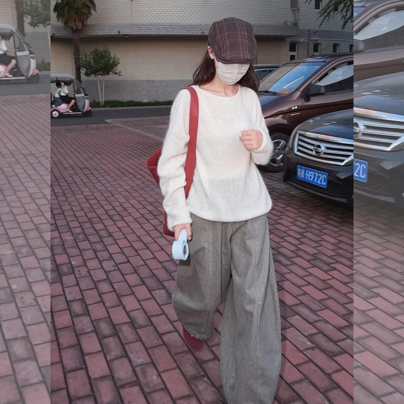A Complete Set of Ootd Outfits with a High-End Feel, Korean Style, Lazy, Loose, Casual Knitted Sweater, Wide-Leg Pants Suit for Women, Autumn and Winter
