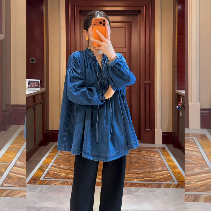 French-Style Ruffled Tie-Neck Shirt, Spring 2026 New Model for Women, Light Luxury High-End Loose Denim Top