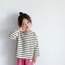Bean Bag Monarch 20 autumn and male child baby Han version retro stripe 100 hitch long sleeve round collar bottom blouses T-shirt tide