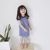 Bean Bag Monarch 2022 Summer Korea Girls Baby Ocean Gas Utility Pure Cotton Comfortable Striped Shirts Long t-shirt dress