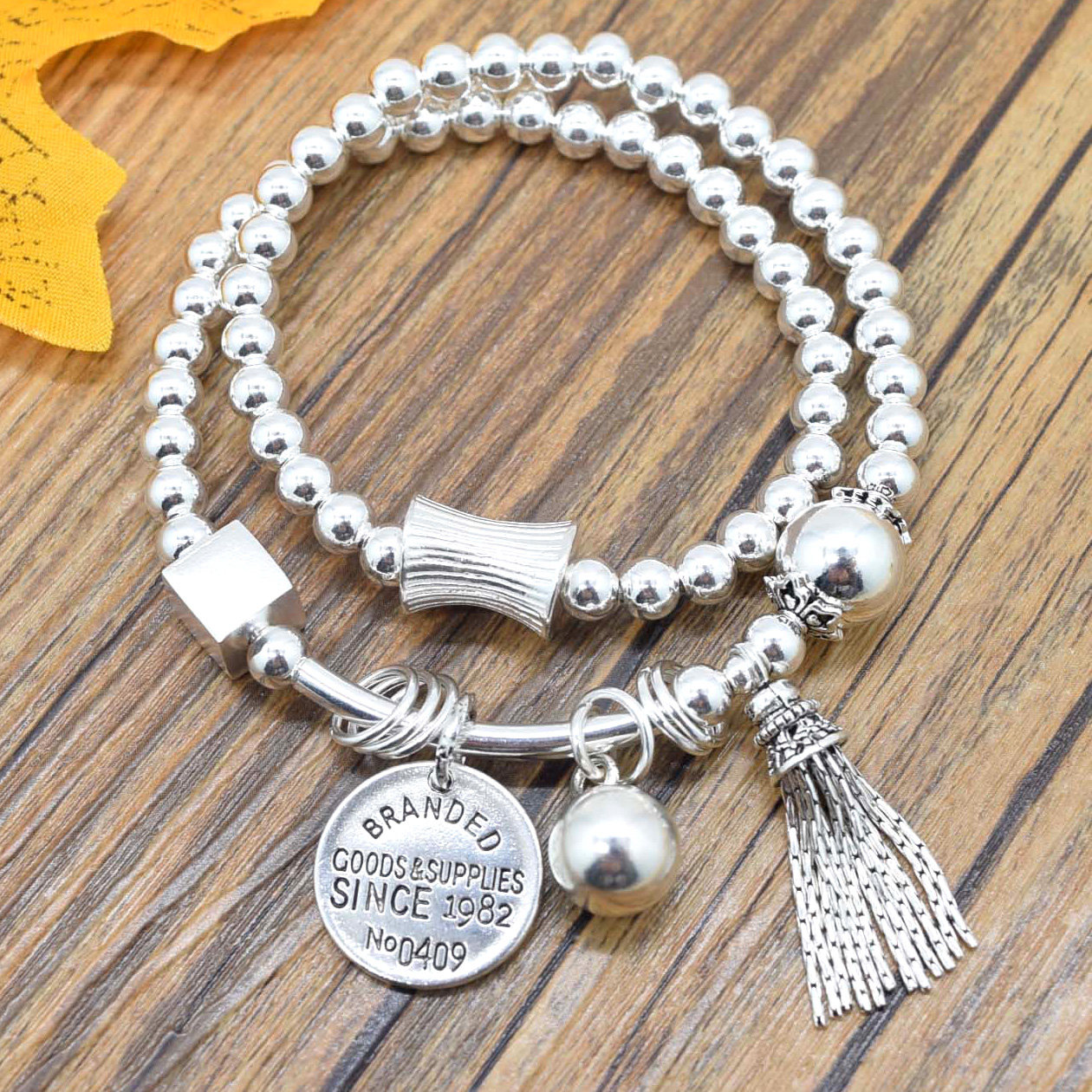 S925 Sterling Silver Tassel Silver Bead Bracelet Women's Retro Versatile Thai Silver Round Card Personality Two Circles Multi-layer Silver Bracelet Gift
