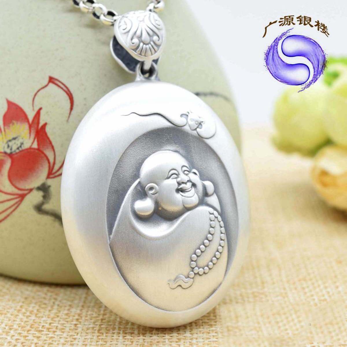 999 pure silver sterling silver Laughing Buddha Heart Sutra pendant women's retro Buddha card Benming year bodyguard long version sweater chain pendant