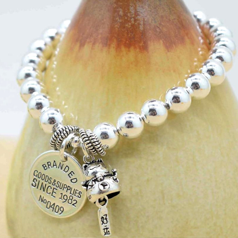 S925 Sterling Silver Lucky Cat Bracelet Men's and Women's Thai Silver Retro Round Card Manual Transfer Silver Bead Bracelet Birthday Gift