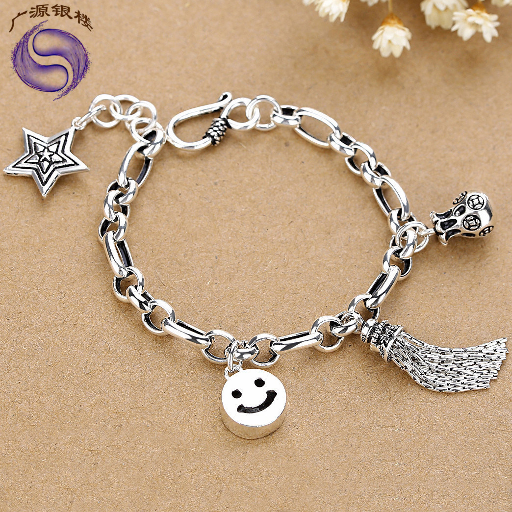 Guangyuan Yinlou 925 sterling silver hand-held female Korean version of the casual personality Mori retro Thai silver fashion smiley hand-held
