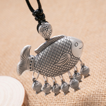 S999 silver carp necklace fashion wild three-dimensional long tassel double-sided fish retro pendant female sweater chain tide