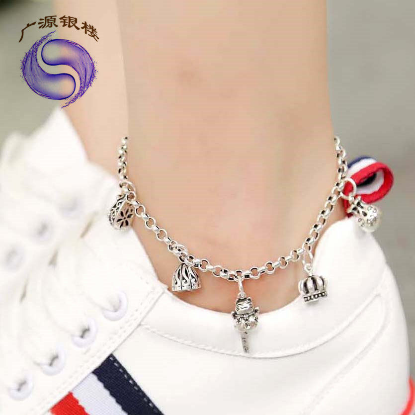 925 sterling silver anklet all-match bell lucky cat retro female and male personality Korean version of the student pendant ankle chain trendy niche