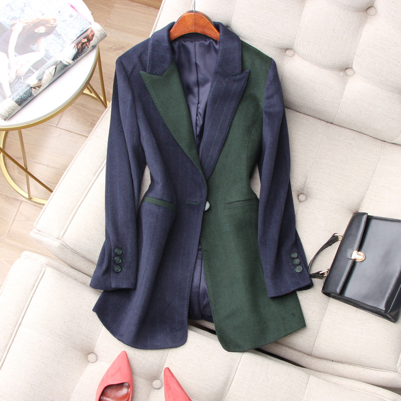 22 autumn and winter new able Inlan blue green vertical stripe splicing goneneedle a grain button to fix the skinny wool suit jacket