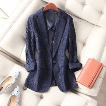 Beautiful and exquisite ~ Hollow lace material one button slim slim slim navy blue seven-sleeve suit jacket air-conditioned shirt