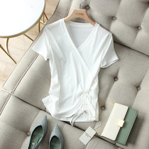 Brief no shortage of careful machine ~ down swing draw rope knotted ice shuts smooth silk light cotton cross V collar short sleeve T-shirt female summer