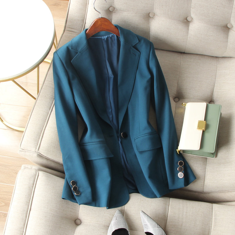 Workplace stunning temperament peacock blue one grain button long sleeve with padded shoulder in length and thin suit jacket Women's autumn