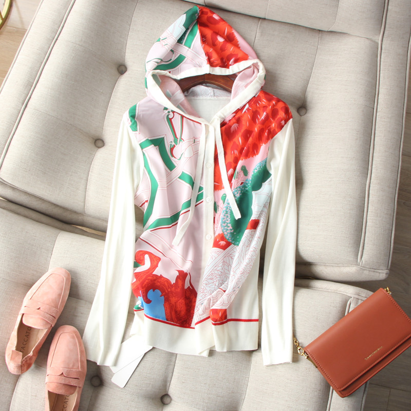 Gorgeous color ~ temperament upgrade vintage printed satin different material stitching hooded long-sleeved fake cardigan sweater spring