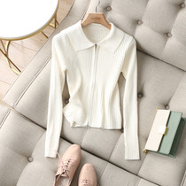 Swarm and American wind ~ crater elastic body elastic body display slim double zipper polo turn collar short knit cardio-hoodie woman fall