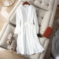 Retro Lady ~ Literary hollow organ pleats waist elastic lace-up linen dress Medium-length dress shirt summer