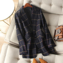 British aristocratic temperament style ~ exquisite pair of grid pattern slim body a button long hairy suit jacket female autumn