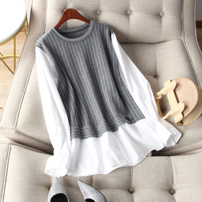 Art Fan Who wears who looks good with striped heteromaterial splicing fake Two-shirt Lantern Sleeves Loose Needle Weaselwear