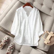 Day Faculty elegance small V collar fine embroidered white pure cotton display slim 70% sleeves head coat shirt woman summer new