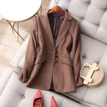 Autumn Winter Referral High-order commuter minimalist temperament Three-grain buckle Supper with long warm camel hair and jacket woman in suit