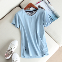 Foundation staff one hand a simple pure color letter embroidered round collar short sleeve elastic cotton punt bottom T-shirt female