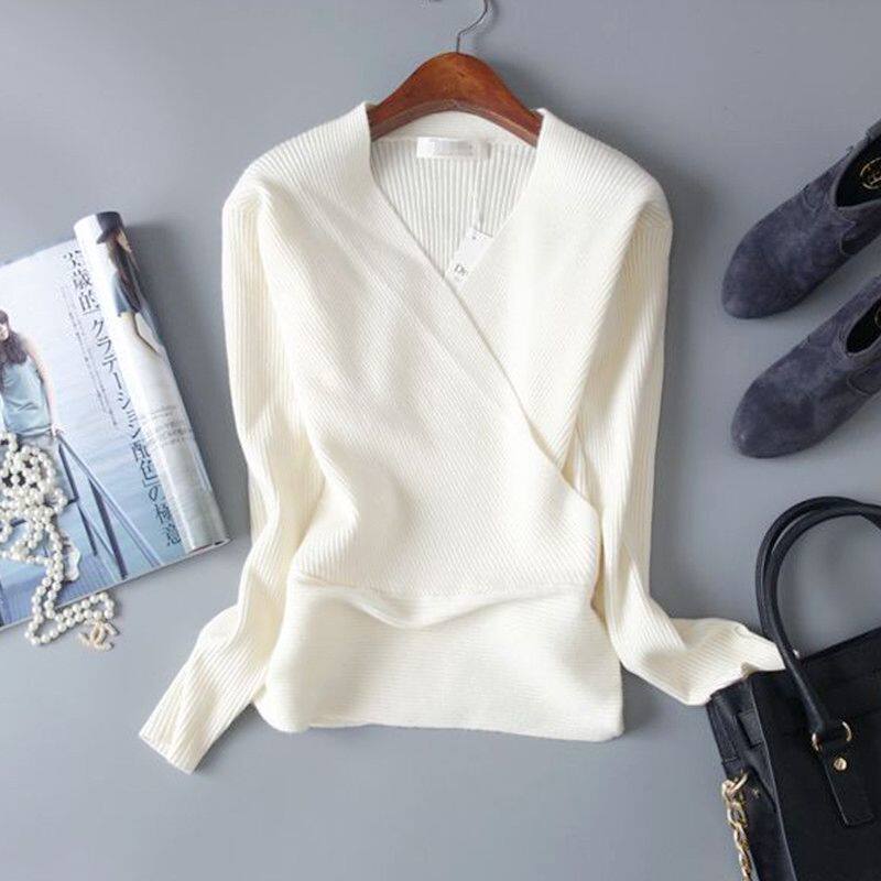 Elegant elastic body with slim wool thread elastic stitch sweatshirt V collar long sleeve thumb cover for undershirt woman autumn and winter