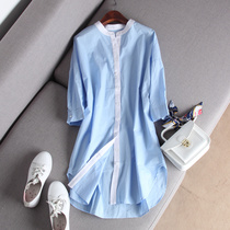 Aimar long style shirt woman 70% sleeve autumn summer style pure color chic cotton loose collar open fork outside for casual women