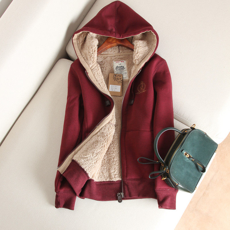 Autumn and winter lamb velvet thick cotton jacket women's casual couple plus velvet thick cardigan hooded zipper sports home large size