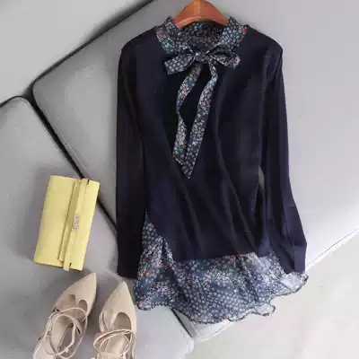 White-collar style design retro floral bow fluttering lead chiffon stitching fake two-piece sweater women's pullover