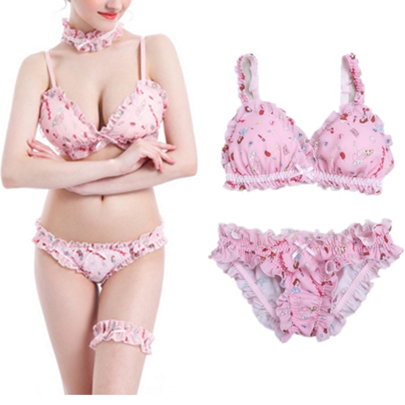 Izuhara D pink cartoon printing sweet and cute chiffon printing girl no steel ring triangle cup set