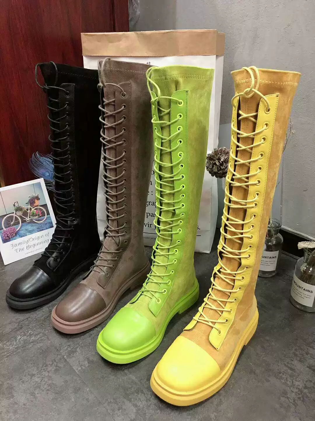 Net Red Boots Giày cao cổ của phụ nữ Boots đầu gối phía trước Martin Boots ren Boots Knight Motorcycle Candy Boots - Swiss Army Knife