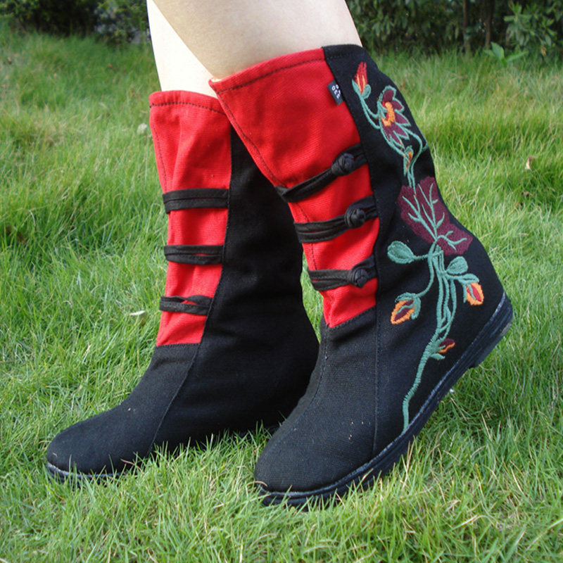 Short tube spring and autumn new embroidered boots Melaleuca bottom women's boots single boots inner height-increasing short boots women's shoes ethnic style Hanfu shoes