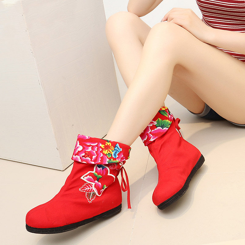 Old Beijing Cloth Shoes Fairy Shoes Embroidered Boots Spring Autumn Single Boots Woman Short Boot FLOOR BOTTOM INNER HEIGHTENING CLOTH BOOTS NATIONAL WIND