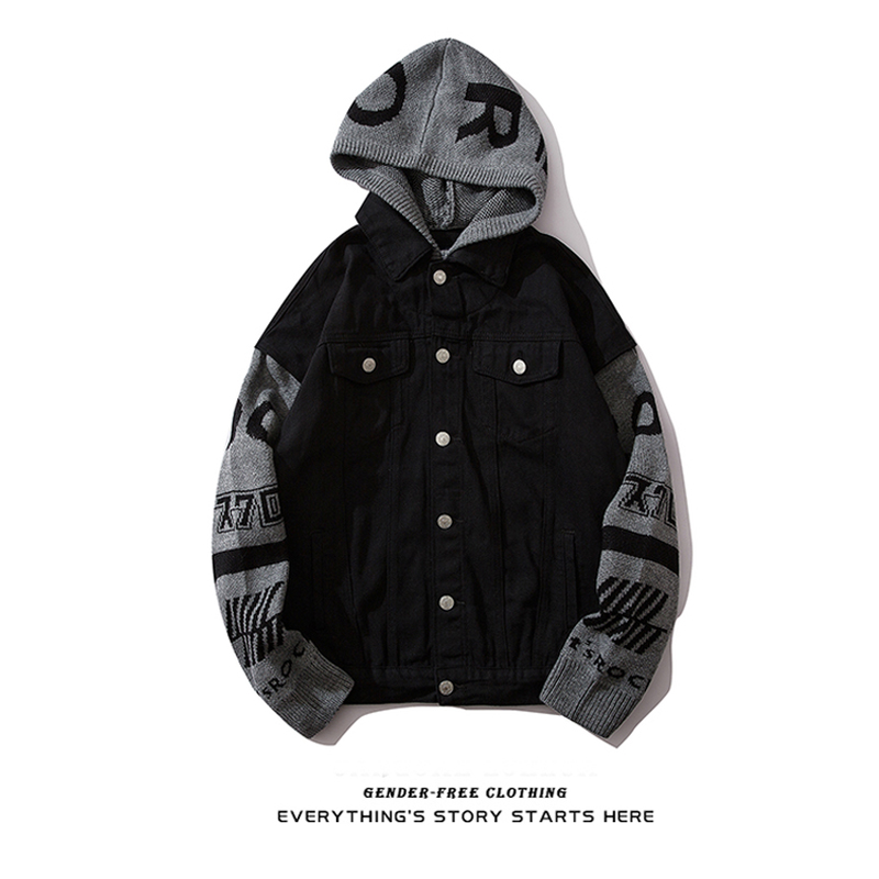 Original Personality Splicing Knit Wool Thread Sleeves Fake two Cowboys jacket Men's National Chaoyu Autumn Winter Tide Man Jacket