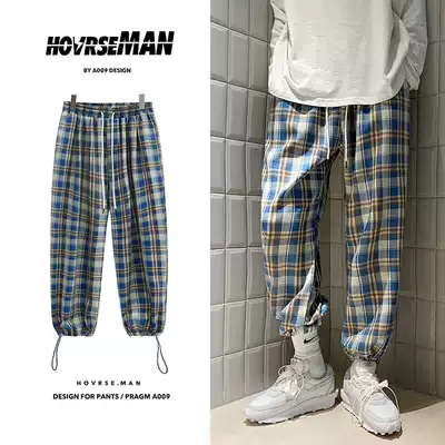 ins literary and artistic Asian forced wind casual lattice pants men's feet loose street trend boys casual pants