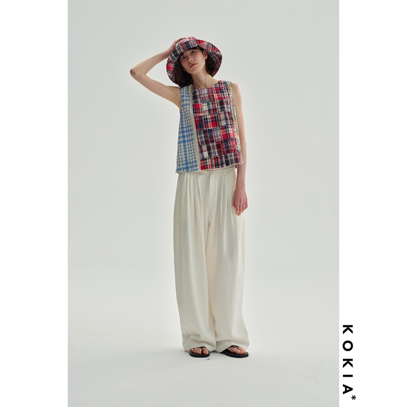 Kokia Lace Color-Blocked Handmade Patchwork Madras Artisan Patchwork Round Neck Sleeveless Top