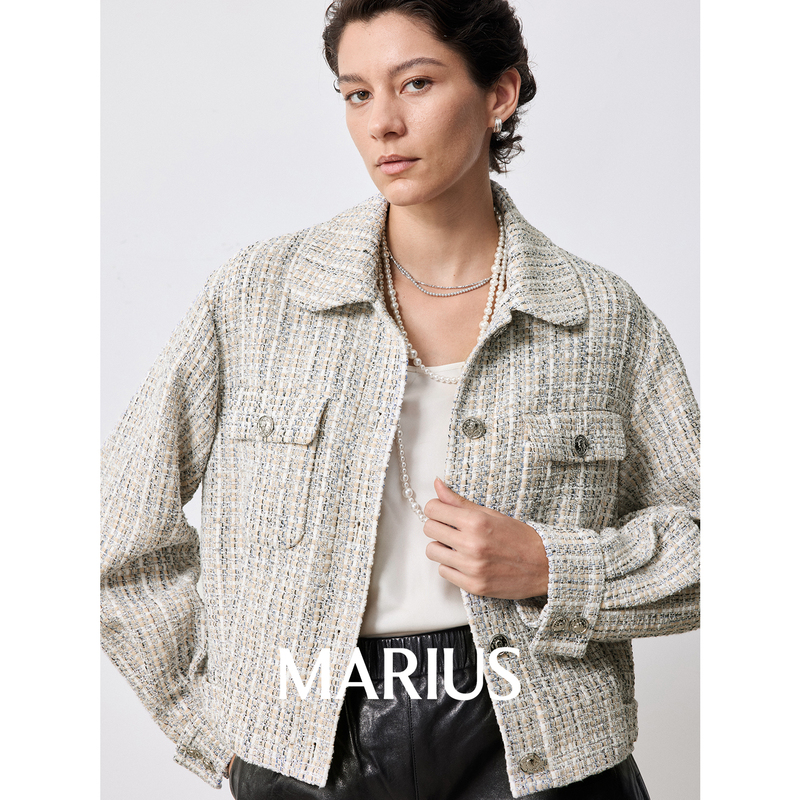 Marius |   Naples Three-Dimensional Plaid Tweed Age-Reducing Doll Collar Short Chanel-Style Jacket