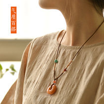Ouhui natural old beeswax amber necklace clavicle chain niche safety buckle original lucky girl pendant Chinese style
