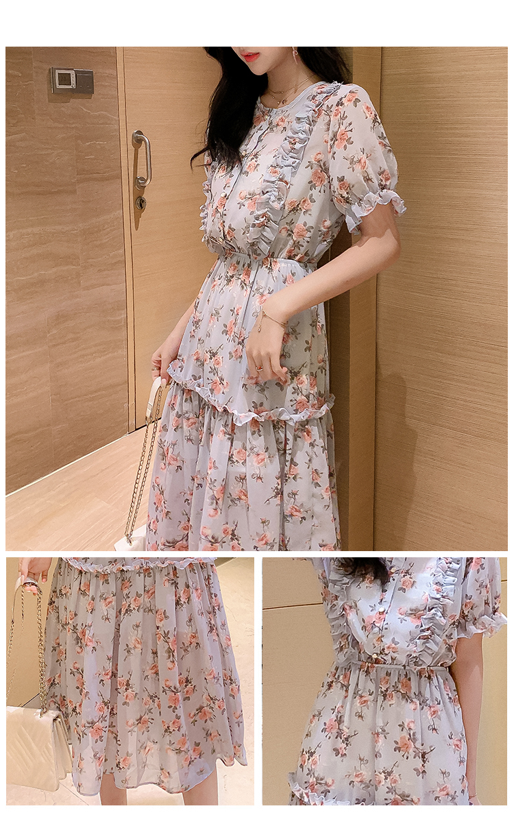 VK旗艦店 韓系淑女復古碎花拼接木耳邊短袖洋裝