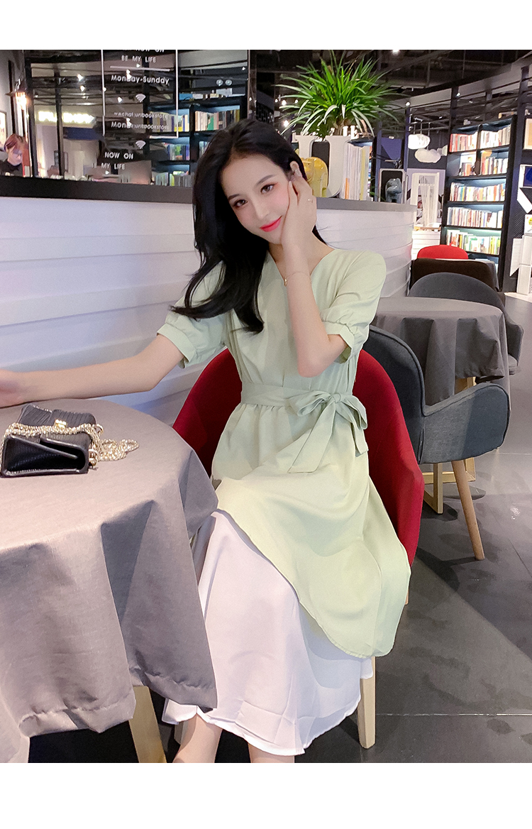 DABI 韓系V領綁帶收腰簡約撞色不規則短袖洋裝 DABI 韓系V領綁帶收腰簡約撞色不規則短袖洋裝