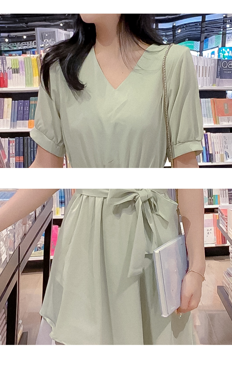 DABI 韓系V領綁帶收腰簡約撞色不規則短袖洋裝 DABI 韓系V領綁帶收腰簡約撞色不規則短袖洋裝