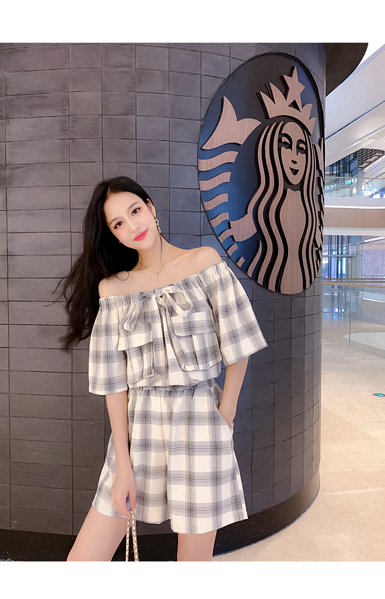 VK旗艦店 韓系格紋一字領短褲套裝短袖褲裝