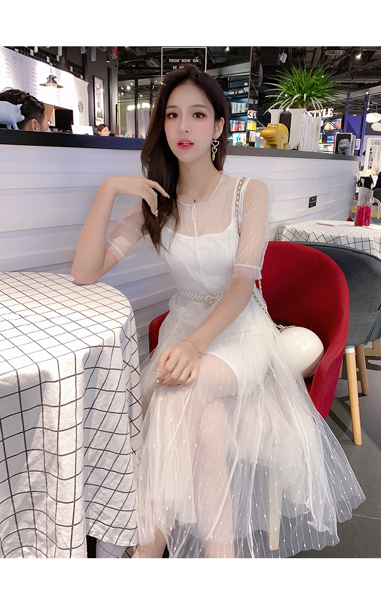 DABI 韓國風名媛淑女珍珠透視袖網紗套裝短袖裙裝 DABI 韓國風名媛淑女珍珠透視袖網紗套裝短袖裙裝