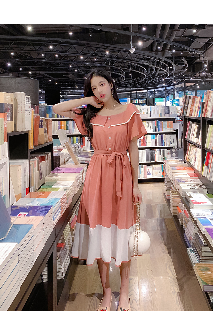VK旗艦店 韓系撞色收腰顯瘦娃娃領淑女長版短袖洋裝