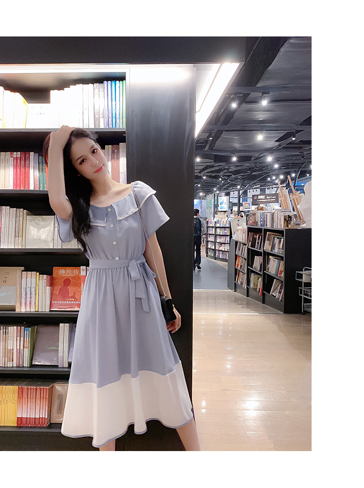 VK旗艦店 韓系撞色收腰顯瘦娃娃領淑女長版短袖洋裝