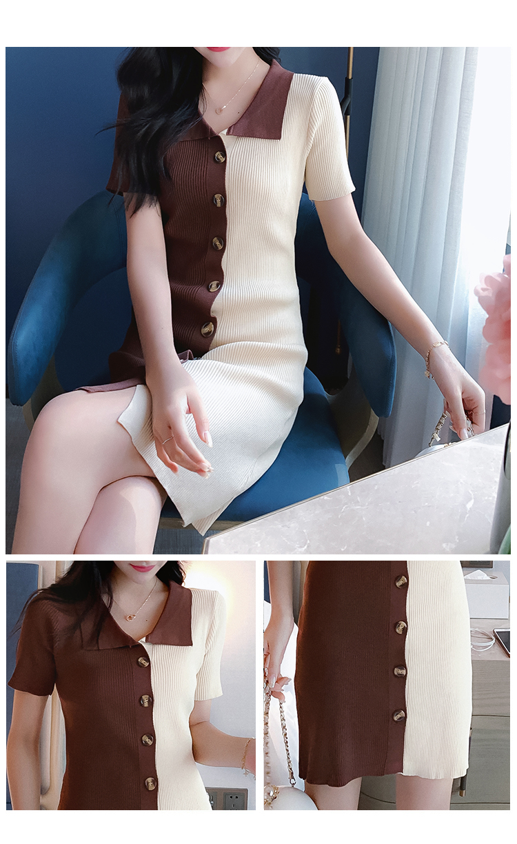 VK旗艦店 韓國風撞色POLO領單排扣針織短袖洋裝