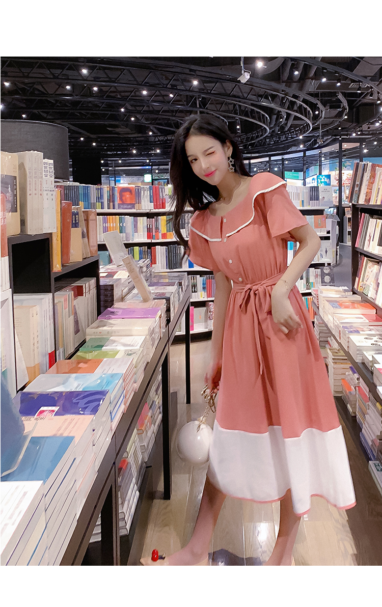 VK旗艦店 韓系撞色收腰顯瘦娃娃領淑女長版短袖洋裝
